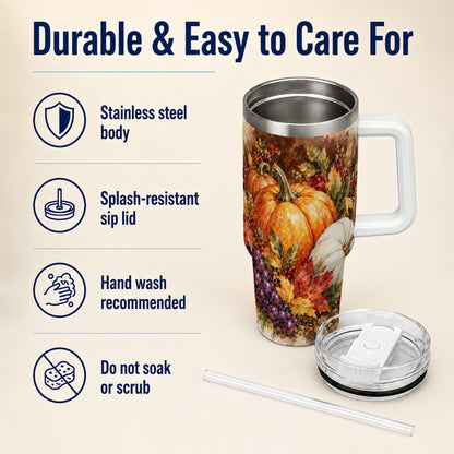 #pl[40oz|White] Watercolor 40oz Tumbler with Handle, Pumpkin Stainless Steel Travel Cup