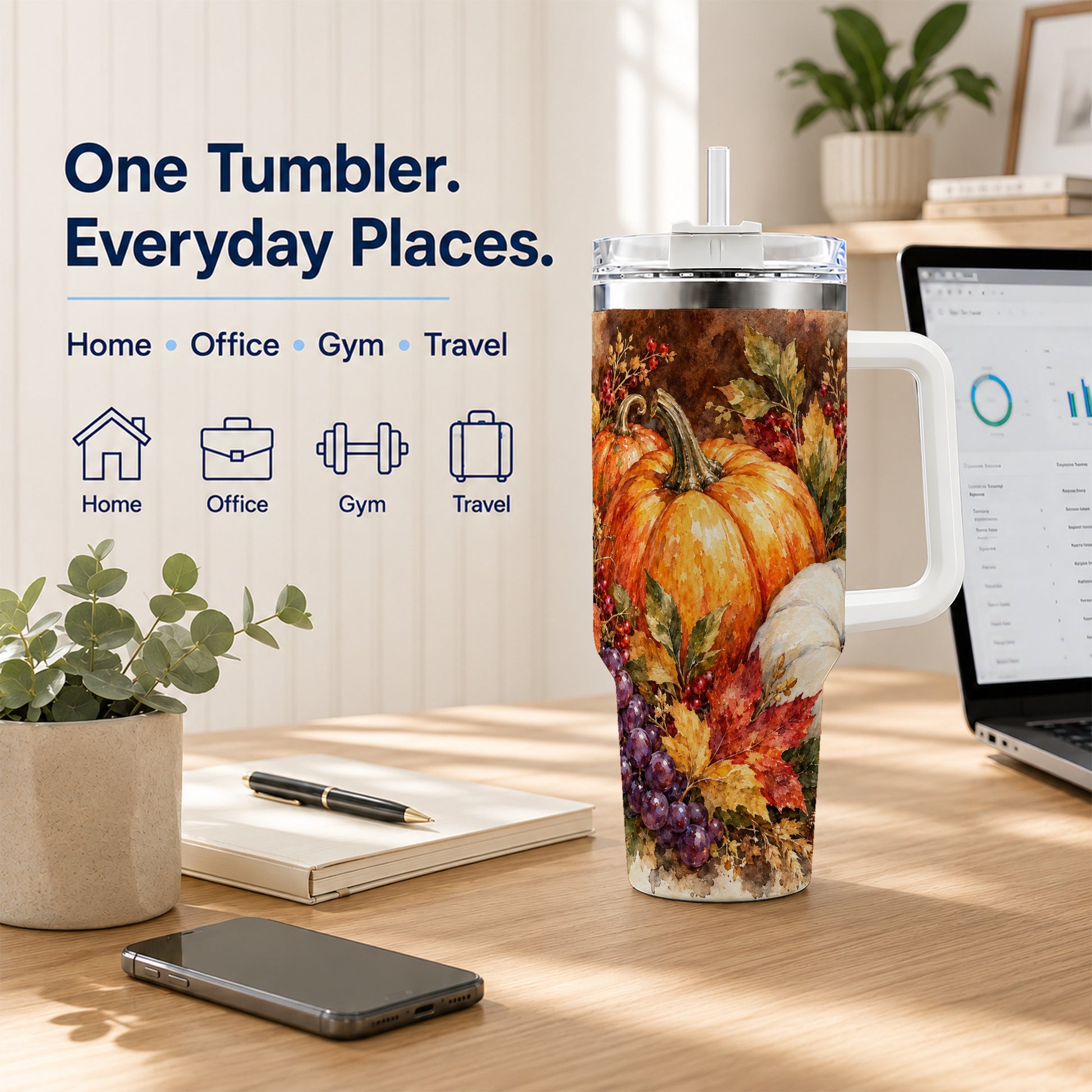 #pl[40oz|White] Watercolor 40oz Tumbler with Handle, Pumpkin Stainless Steel Travel Cup