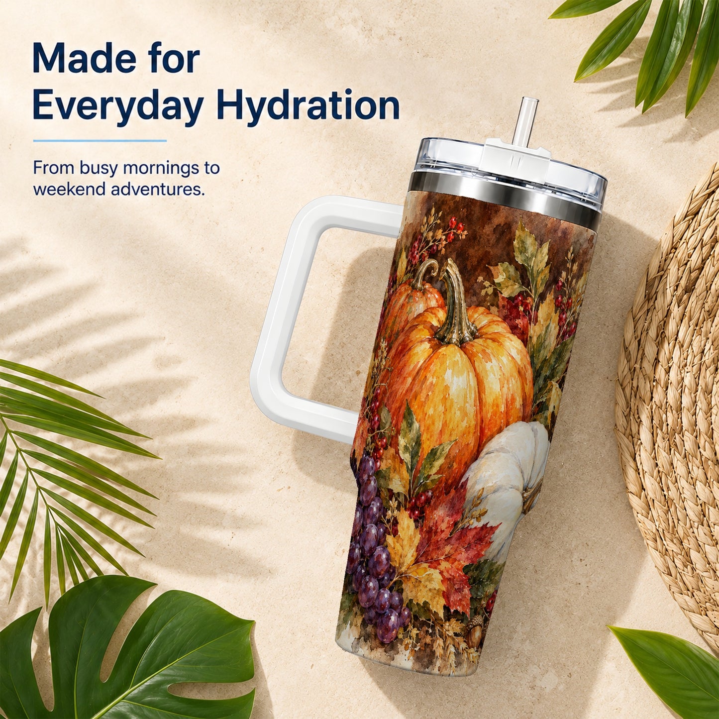 #pl[40oz|White] Watercolor 40oz Tumbler with Handle, Pumpkin Stainless Steel Travel Cup