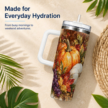 #pl[40oz|White] Watercolor 40oz Tumbler with Handle, Pumpkin Stainless Steel Travel Cup