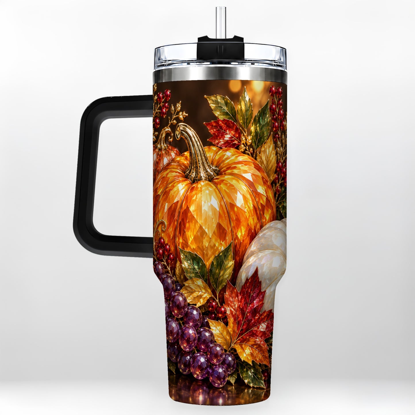 #pl[40oz|Black] Crystal Style 40oz Tumbler with Handle, Pumpkin Stainless Steel Travel Cup