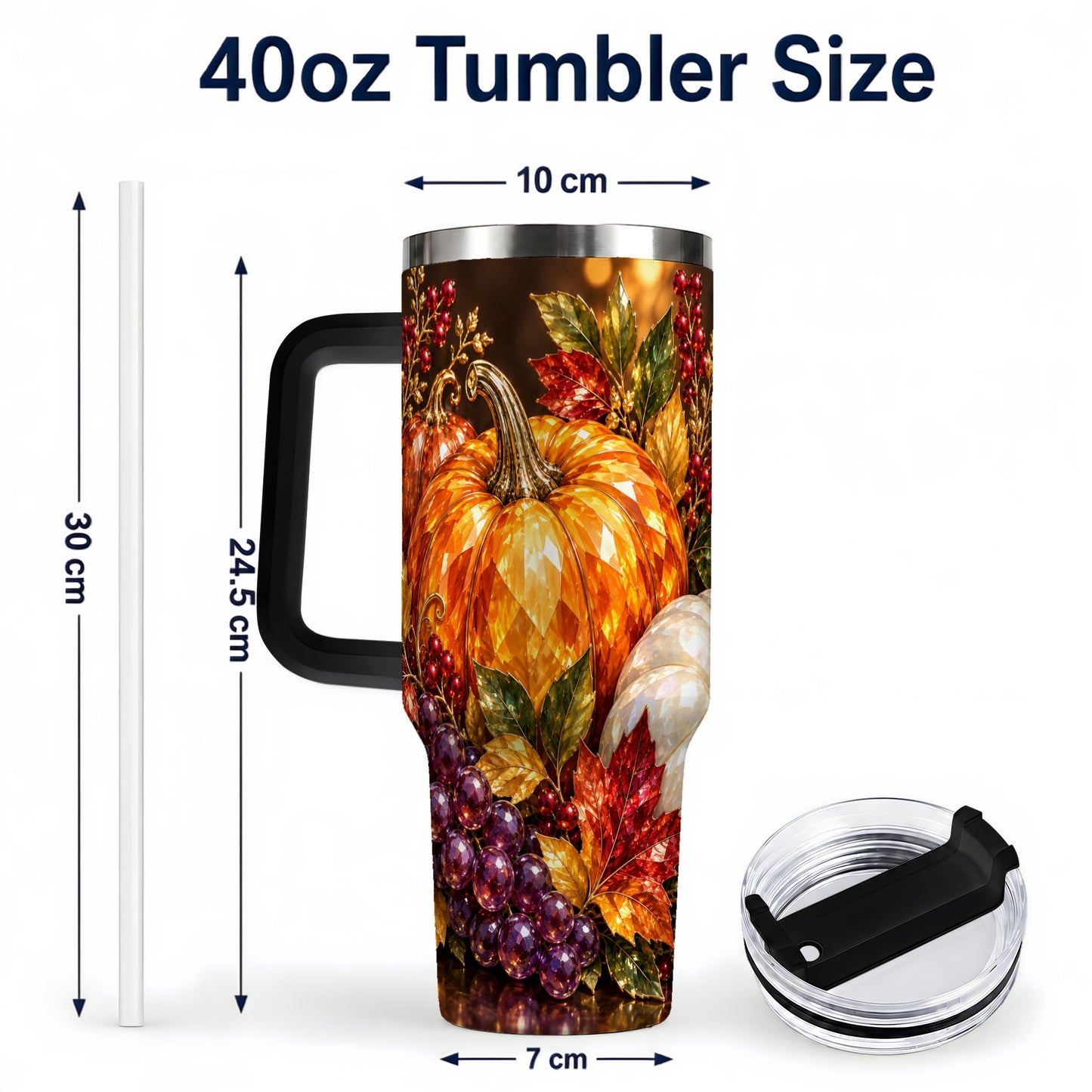 #pl[40oz|Black] Crystal Style 40oz Tumbler with Handle, Pumpkin Stainless Steel Travel Cup