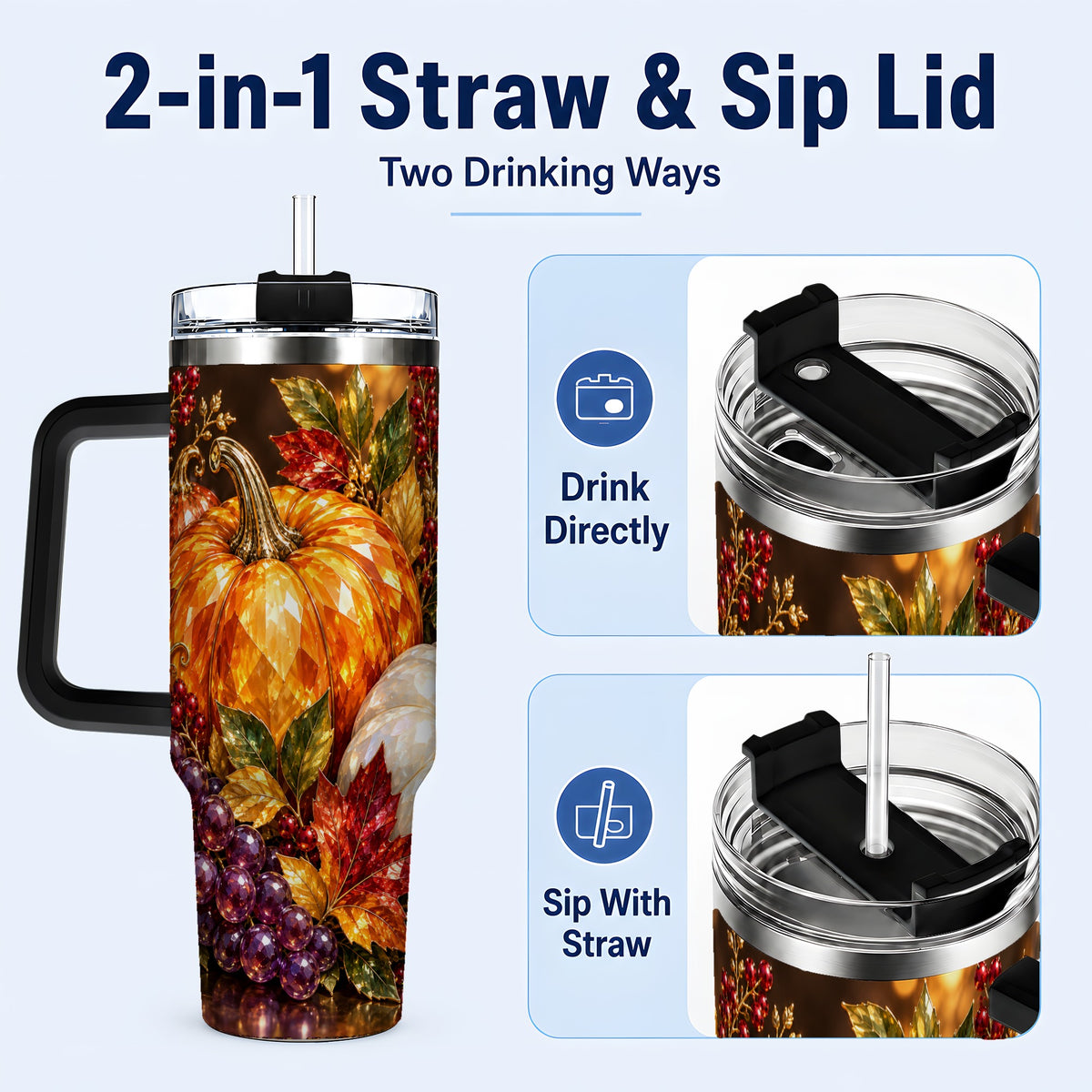 #pl[40oz|Black] Crystal Style 40oz Tumbler with Handle, Pumpkin Stainless Steel Travel Cup