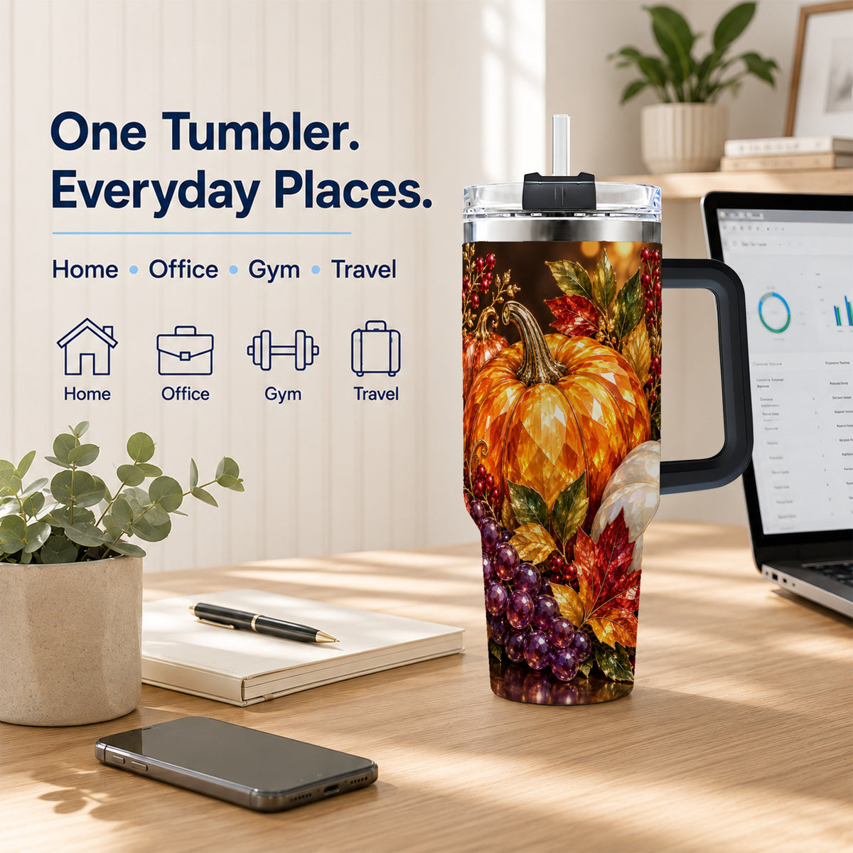 #pl[40oz|Black] Crystal Style 40oz Tumbler with Handle, Pumpkin Stainless Steel Travel Cup