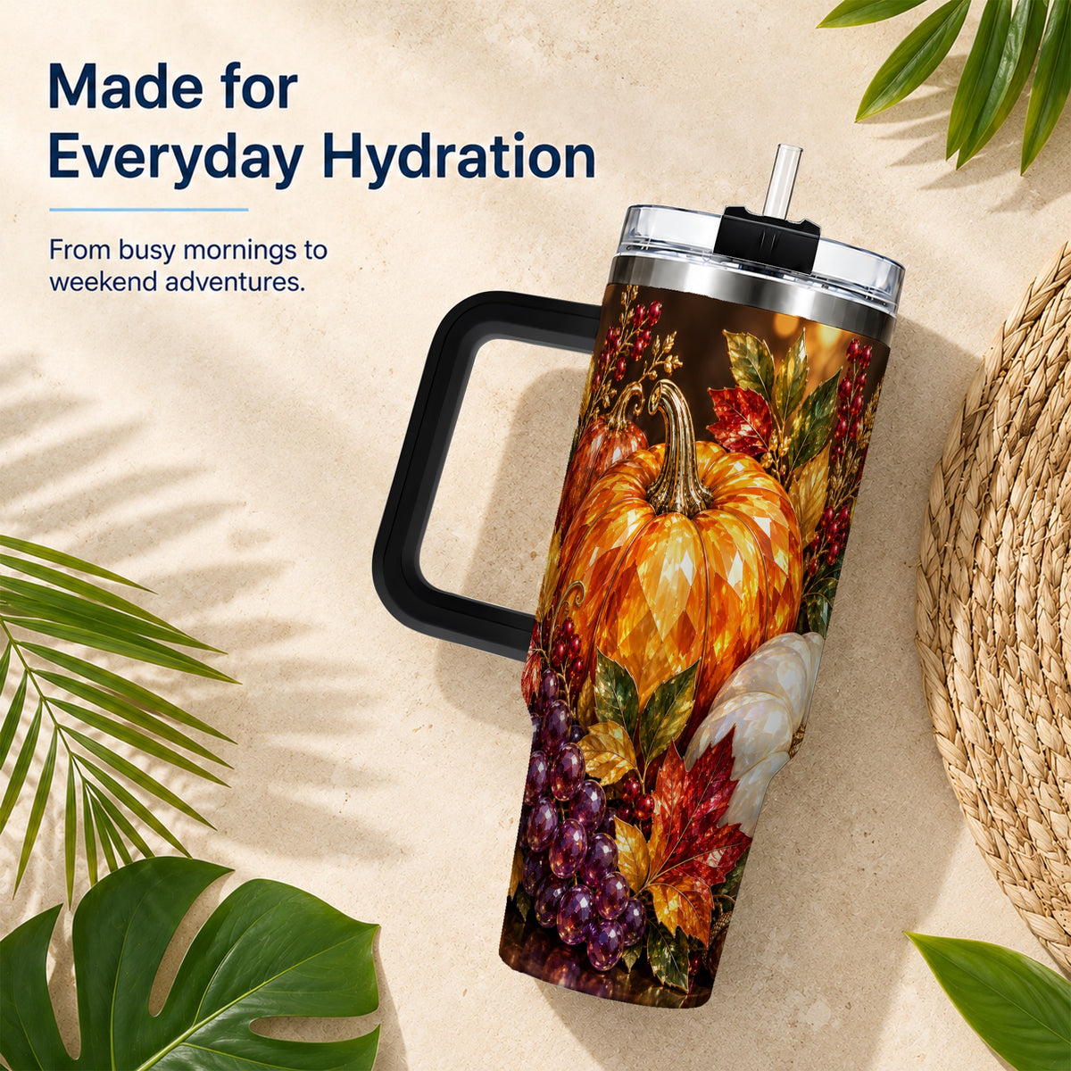 #pl[40oz|Black] Crystal Style 40oz Tumbler with Handle, Pumpkin Stainless Steel Travel Cup