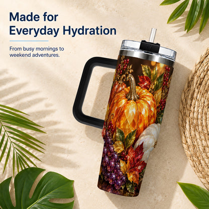 #pl[40oz|Black] Crystal Style 40oz Tumbler with Handle, Pumpkin Stainless Steel Travel Cup