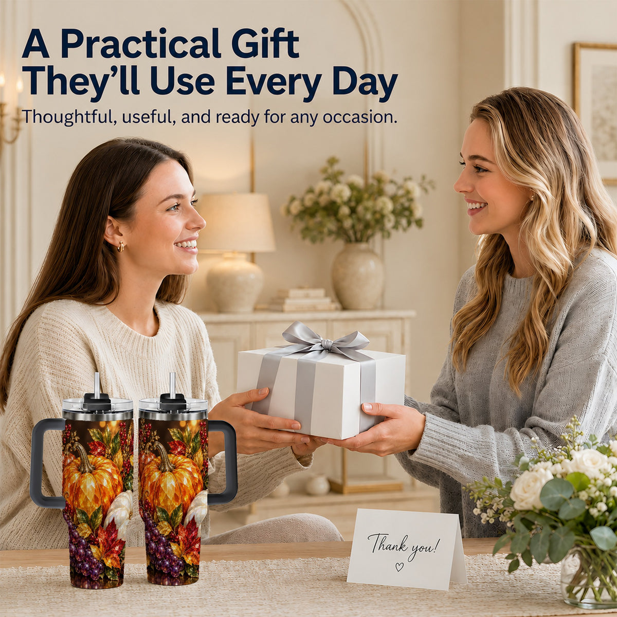 #pl[40oz|Black] Crystal Style 40oz Tumbler with Handle, Pumpkin Stainless Steel Travel Cup
