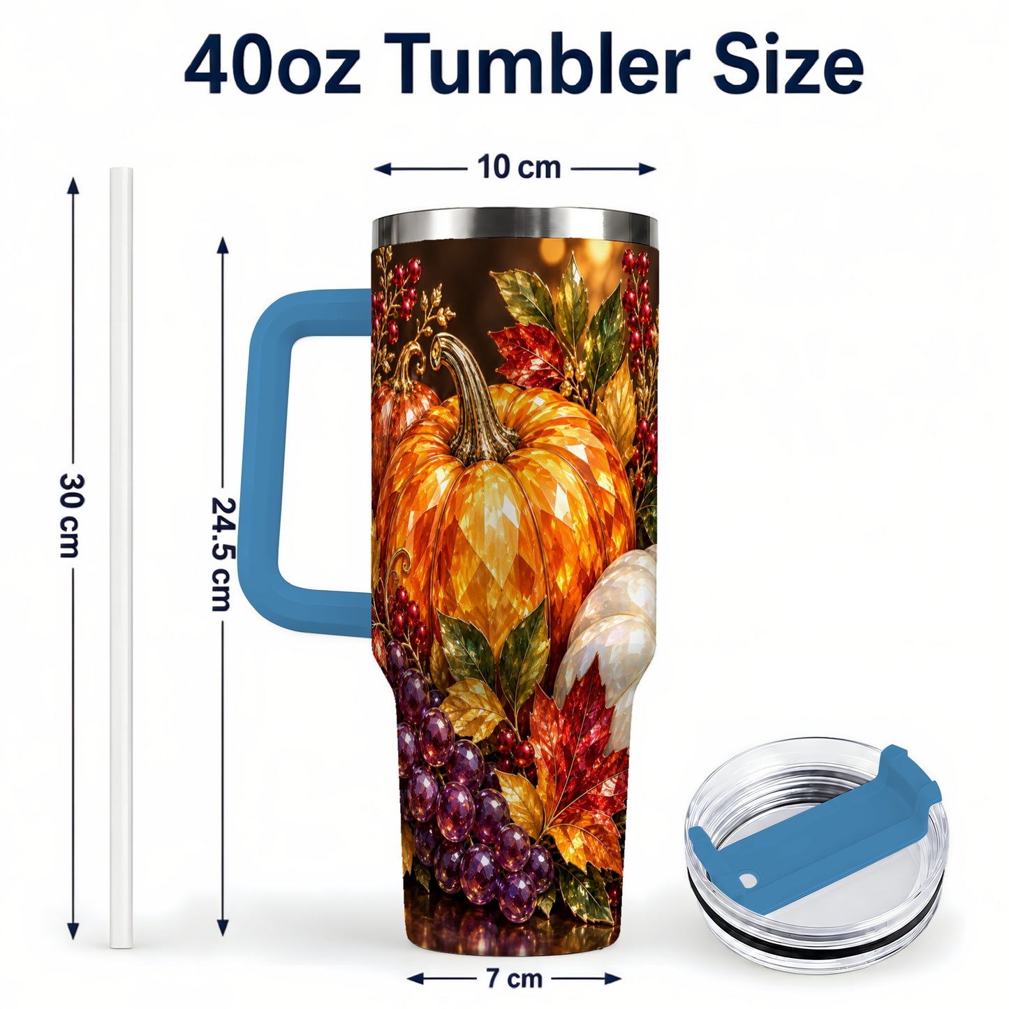 #pl[40oz|Blue] Crystal Style 40oz Tumbler with Handle, Pumpkin Stainless Steel Travel Cup