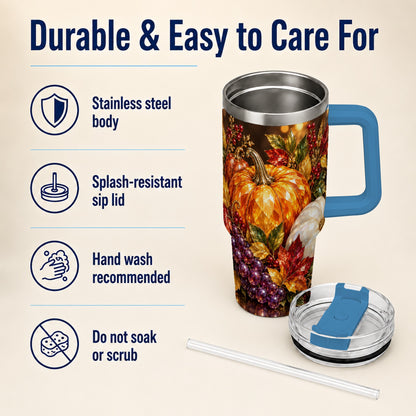 #pl[40oz|Blue] Crystal Style 40oz Tumbler with Handle, Pumpkin Stainless Steel Travel Cup