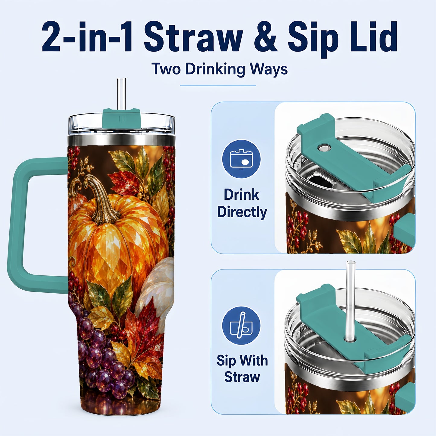 #pl[40oz|Green] Crystal Style 40oz Tumbler with Handle, Pumpkin Stainless Steel Travel Cup