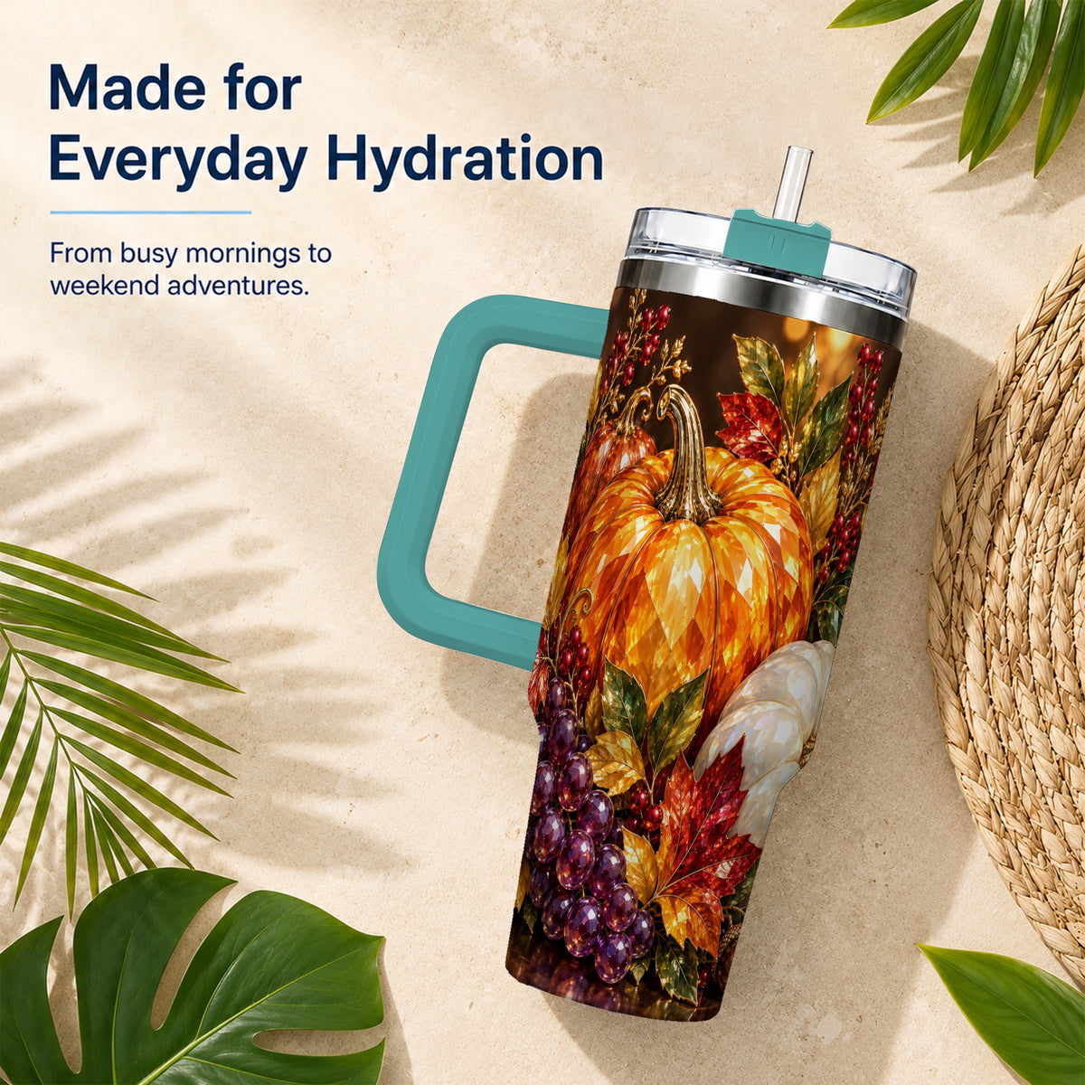 #pl[40oz|Green] Crystal Style 40oz Tumbler with Handle, Pumpkin Stainless Steel Travel Cup