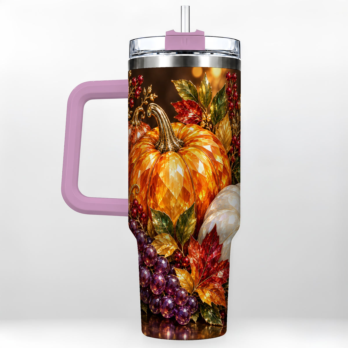 #pl[40oz|Pink] Crystal Style 40oz Tumbler with Handle, Pumpkin Stainless Steel Travel Cup