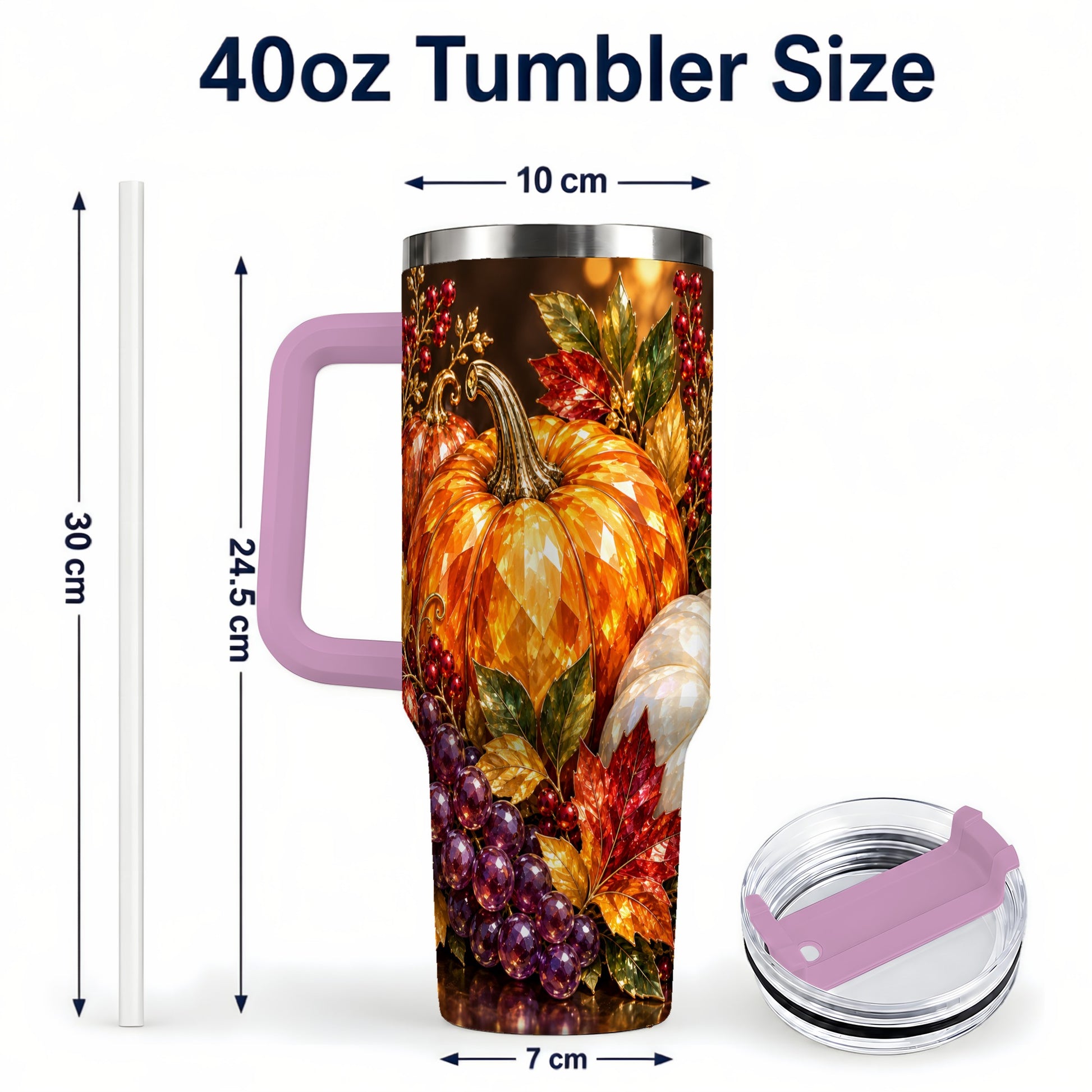 #pl[40oz|Pink] Crystal Style 40oz Tumbler with Handle, Pumpkin Stainless Steel Travel Cup