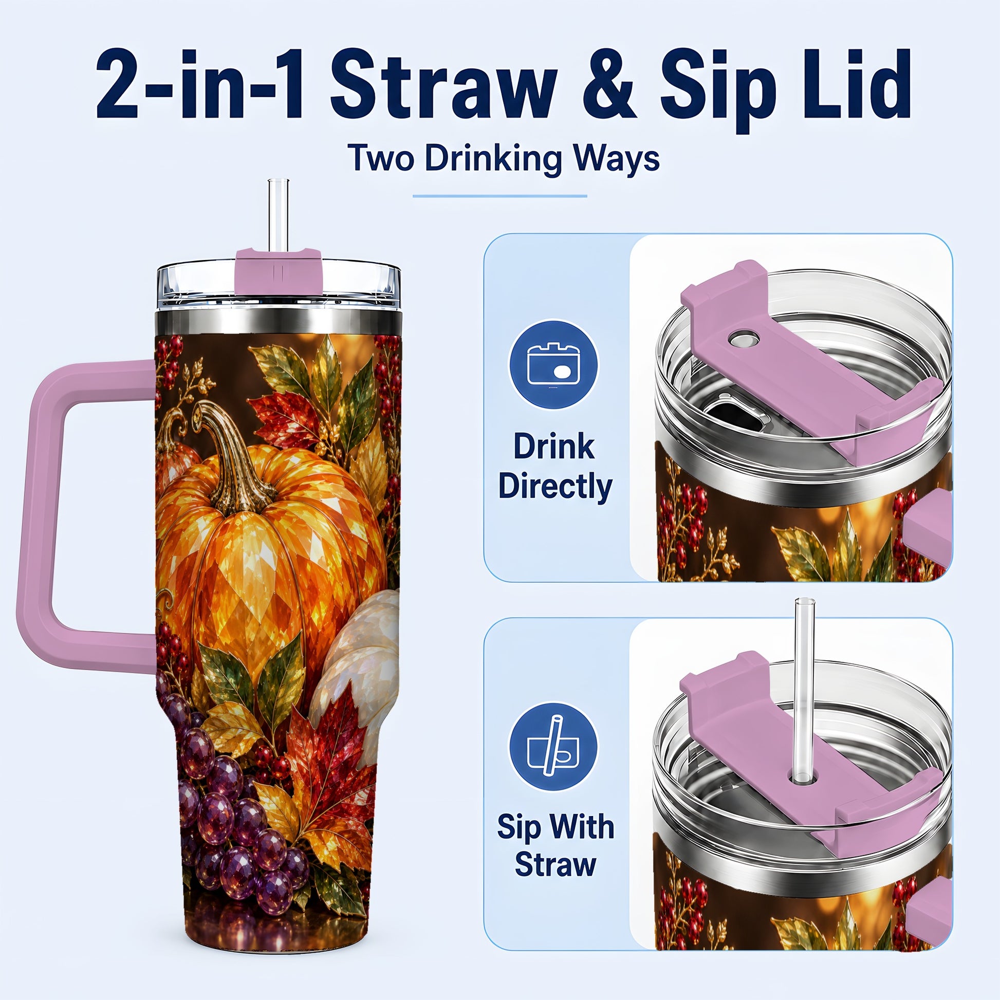 #pl[40oz|Pink] Crystal Style 40oz Tumbler with Handle, Pumpkin Stainless Steel Travel Cup