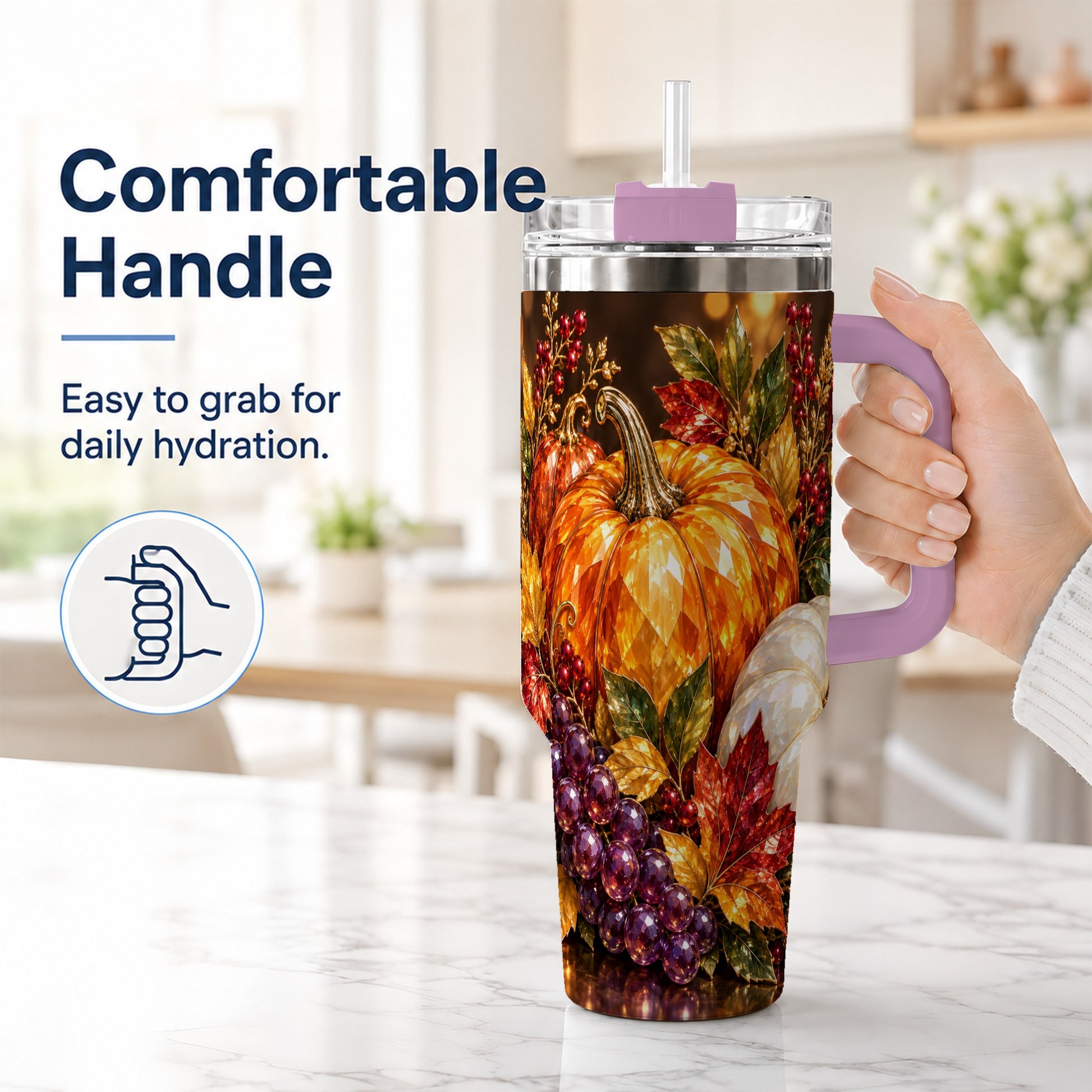 #pl[40oz|Pink] Crystal Style 40oz Tumbler with Handle, Pumpkin Stainless Steel Travel Cup