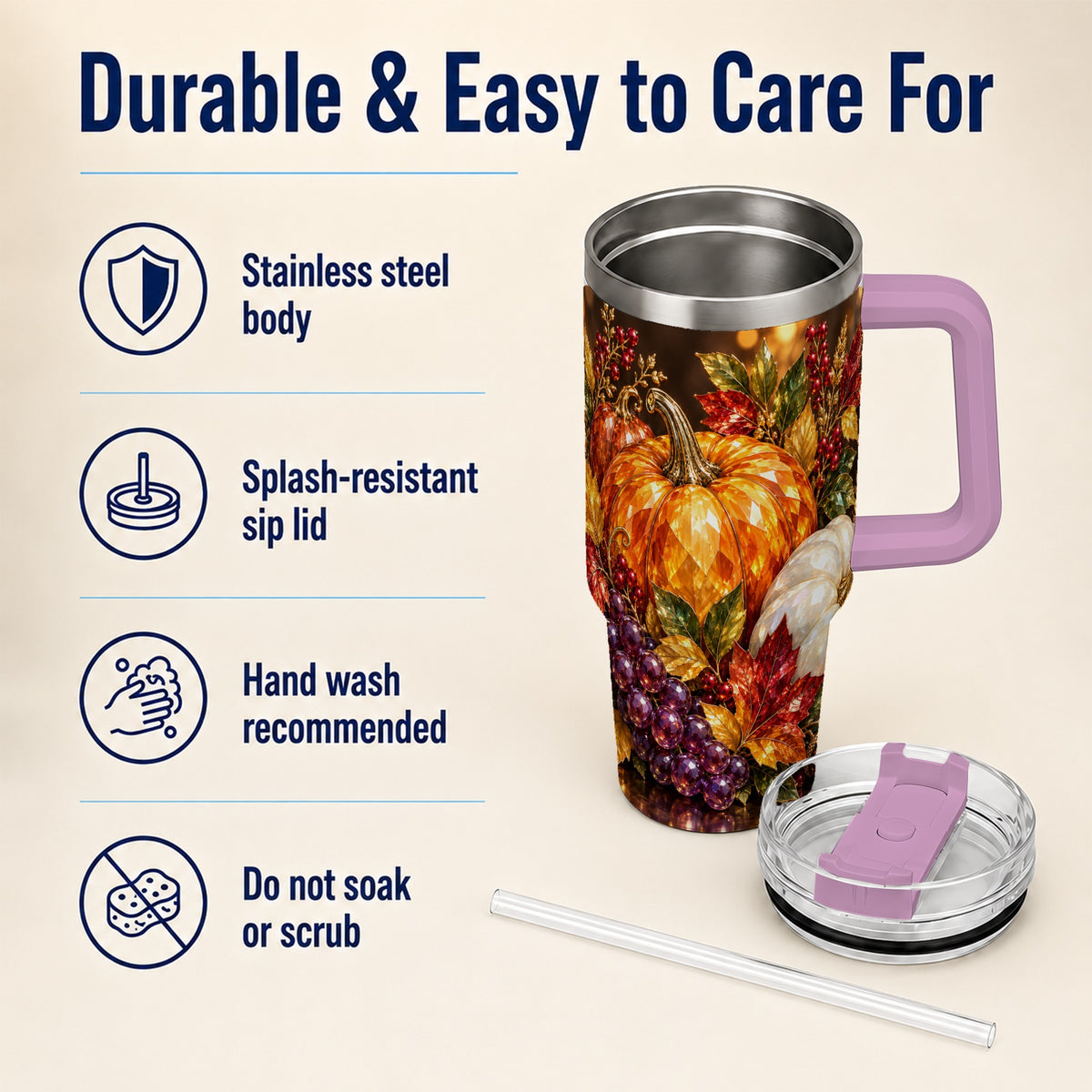 #pl[40oz|Pink] Crystal Style 40oz Tumbler with Handle, Pumpkin Stainless Steel Travel Cup