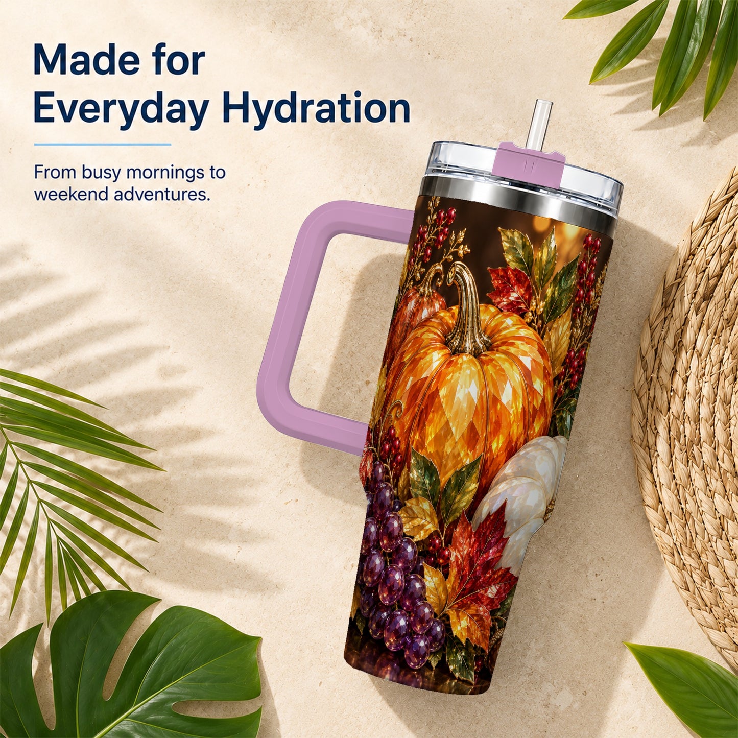 #pl[40oz|Pink] Crystal Style 40oz Tumbler with Handle, Pumpkin Stainless Steel Travel Cup