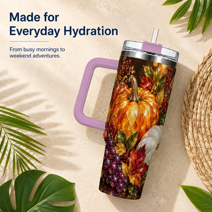 #pl[40oz|Pink] Crystal Style 40oz Tumbler with Handle, Pumpkin Stainless Steel Travel Cup