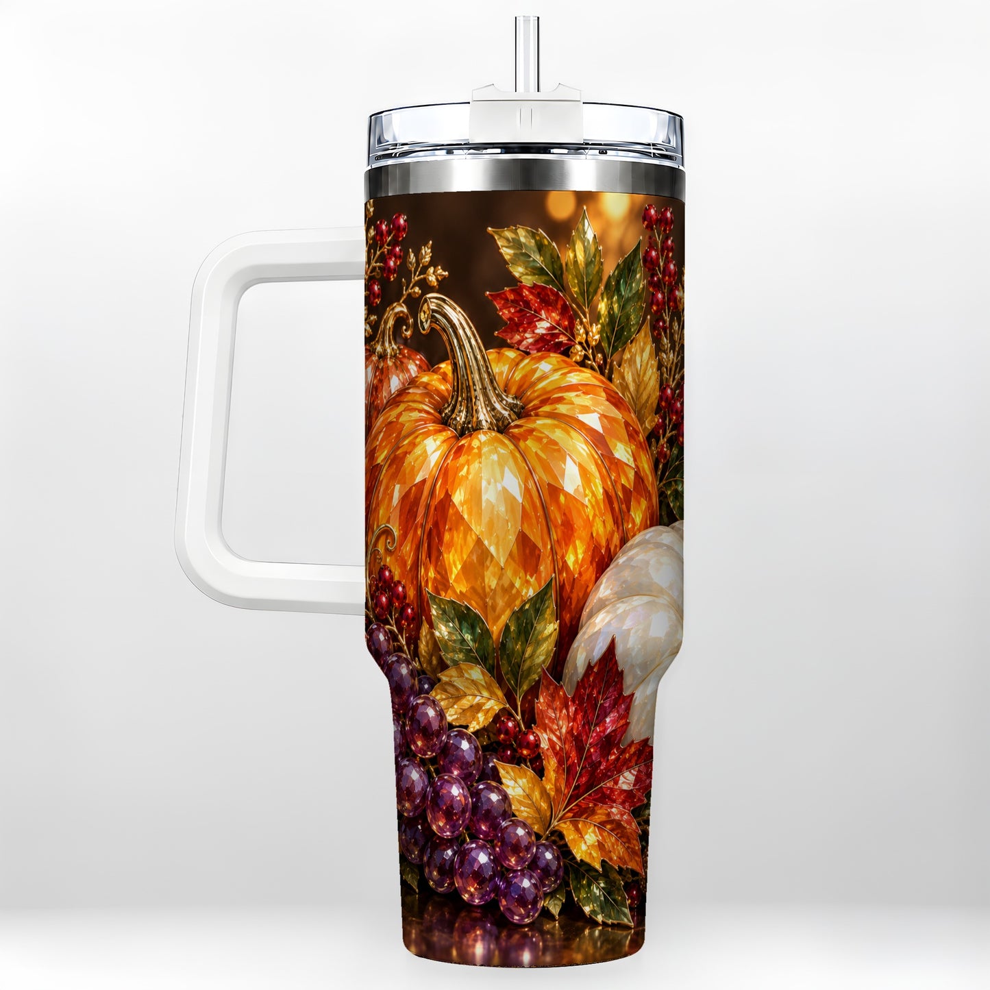 Crystal Style 40oz Tumbler with Handle, Pumpkin Stainless Steel Travel Cup