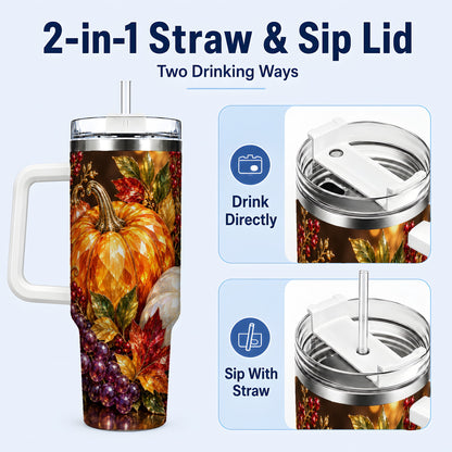 #pl[40oz|White] Crystal Style 40oz Tumbler with Handle, Pumpkin Stainless Steel Travel Cup