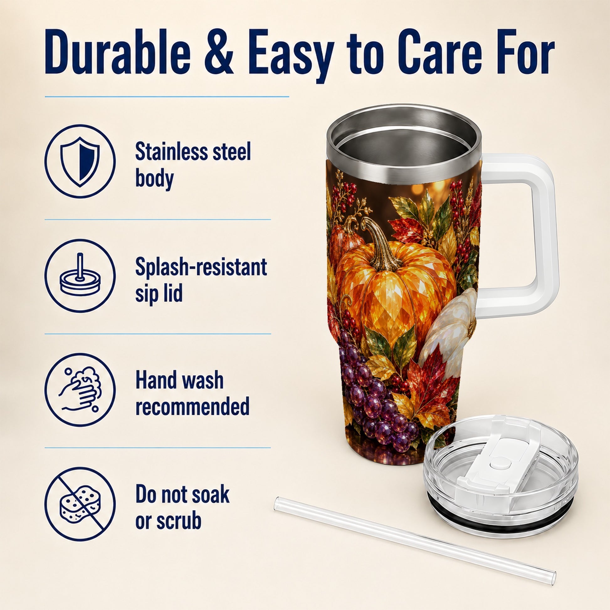 #pl[40oz|White] Crystal Style 40oz Tumbler with Handle, Pumpkin Stainless Steel Travel Cup