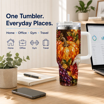 #pl[40oz|White] Crystal Style 40oz Tumbler with Handle, Pumpkin Stainless Steel Travel Cup