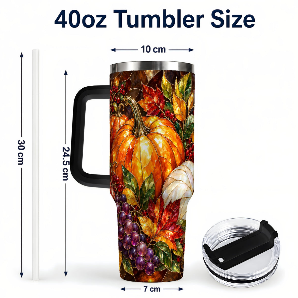 #pl[40oz|Black] Stained Glass Pumpkin 40oz Tumbler with Handle, Stainless Steel Travel Cup