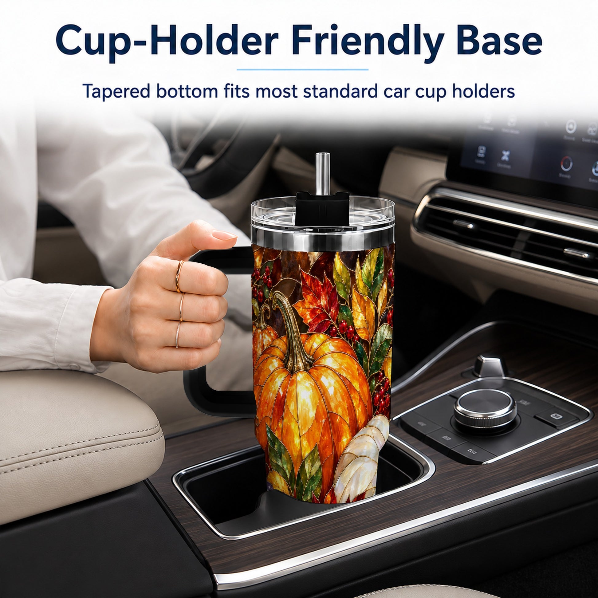 #pl[40oz|Black] Stained Glass Pumpkin 40oz Tumbler with Handle, Stainless Steel Travel Cup
