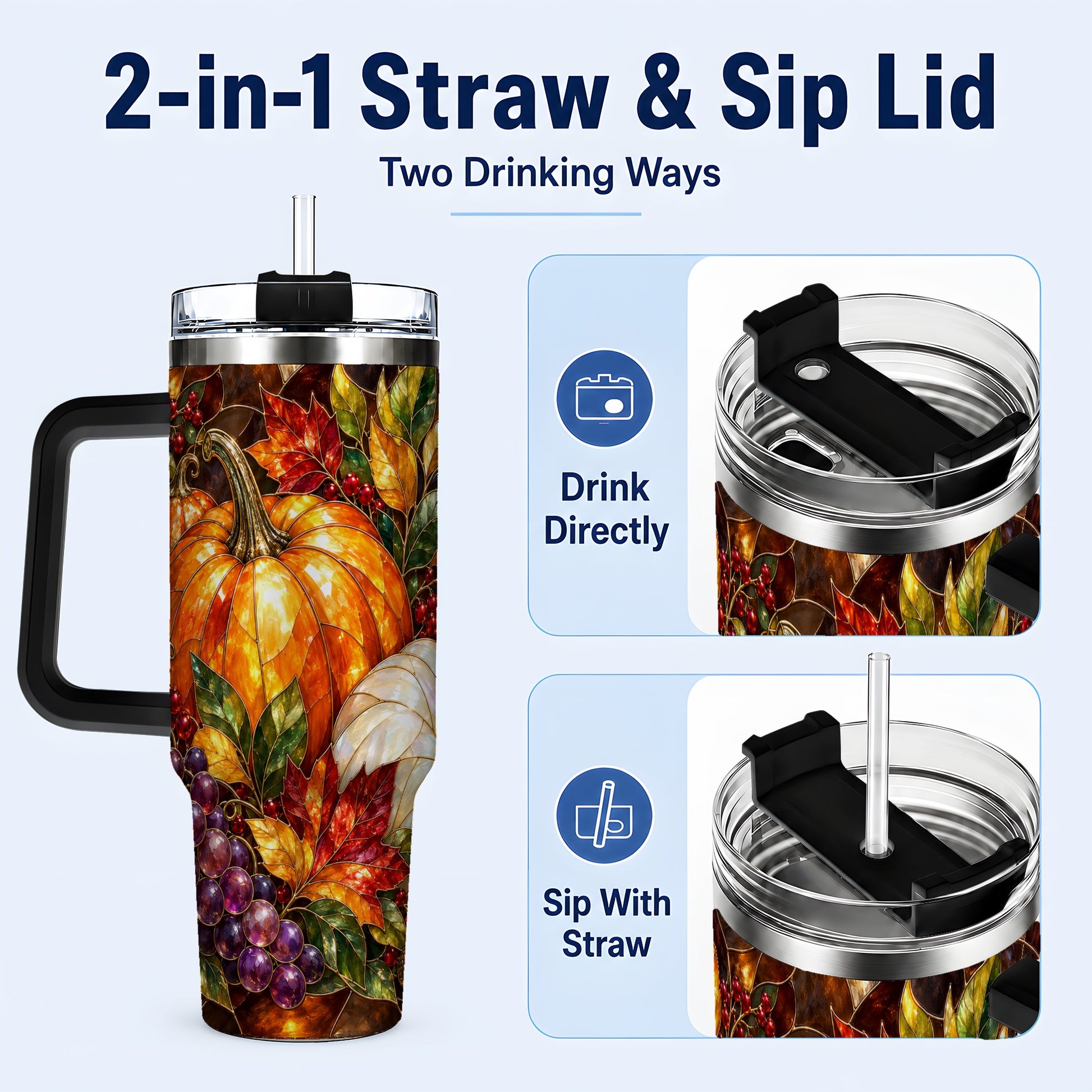 #pl[40oz|Black] Stained Glass Pumpkin 40oz Tumbler with Handle, Stainless Steel Travel Cup