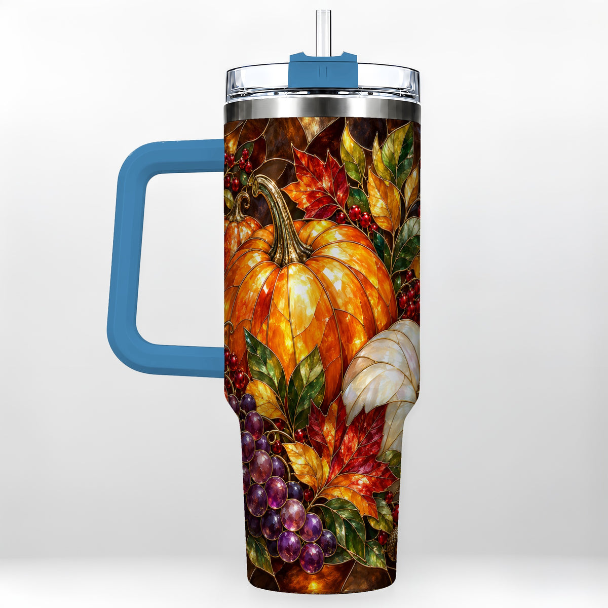 #pl[40oz|Blue] Stained Glass Pumpkin 40oz Tumbler with Handle, Stainless Steel Travel Cup