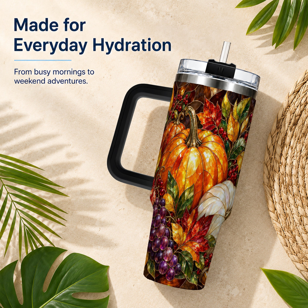 #pl[40oz|Black] Stained Glass Pumpkin 40oz Tumbler with Handle, Stainless Steel Travel Cup