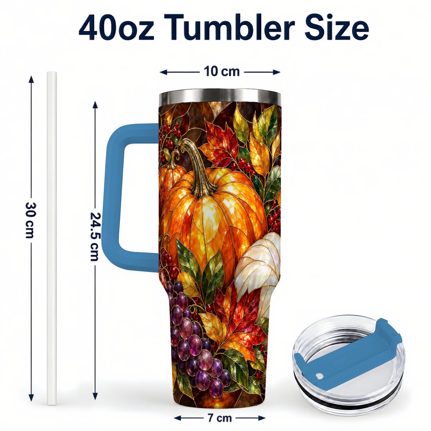 #pl[40oz|Blue] Stained Glass Pumpkin 40oz Tumbler with Handle, Stainless Steel Travel Cup