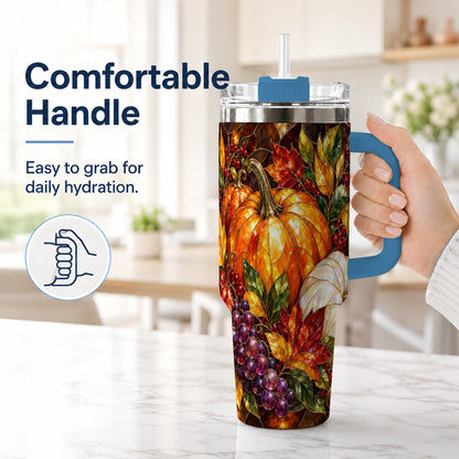 #pl[40oz|Blue] Stained Glass Pumpkin 40oz Tumbler with Handle, Stainless Steel Travel Cup