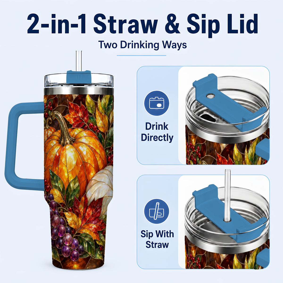 #pl[40oz|Blue] Stained Glass Pumpkin 40oz Tumbler with Handle, Stainless Steel Travel Cup