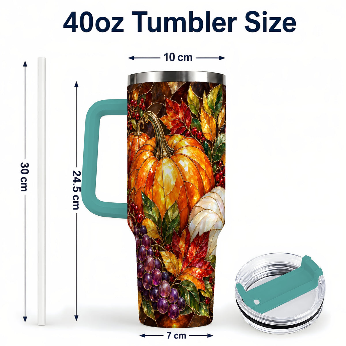 #pl[40oz|Green] Stained Glass Pumpkin 40oz Tumbler with Handle, Stainless Steel Travel Cup