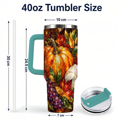 #pl[40oz|Green] Stained Glass Pumpkin 40oz Tumbler with Handle, Stainless Steel Travel Cup