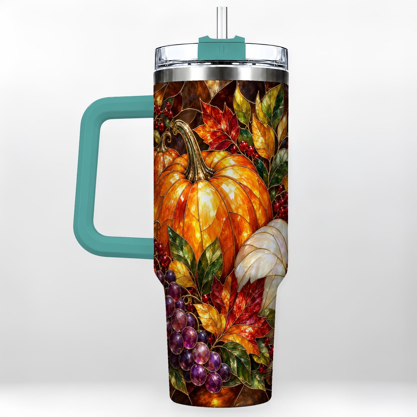 #pl[40oz|Green] Stained Glass Pumpkin 40oz Tumbler with Handle, Stainless Steel Travel Cup