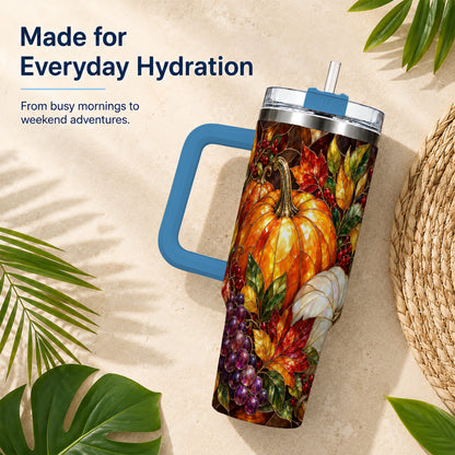 #pl[40oz|Blue] Stained Glass Pumpkin 40oz Tumbler with Handle, Stainless Steel Travel Cup