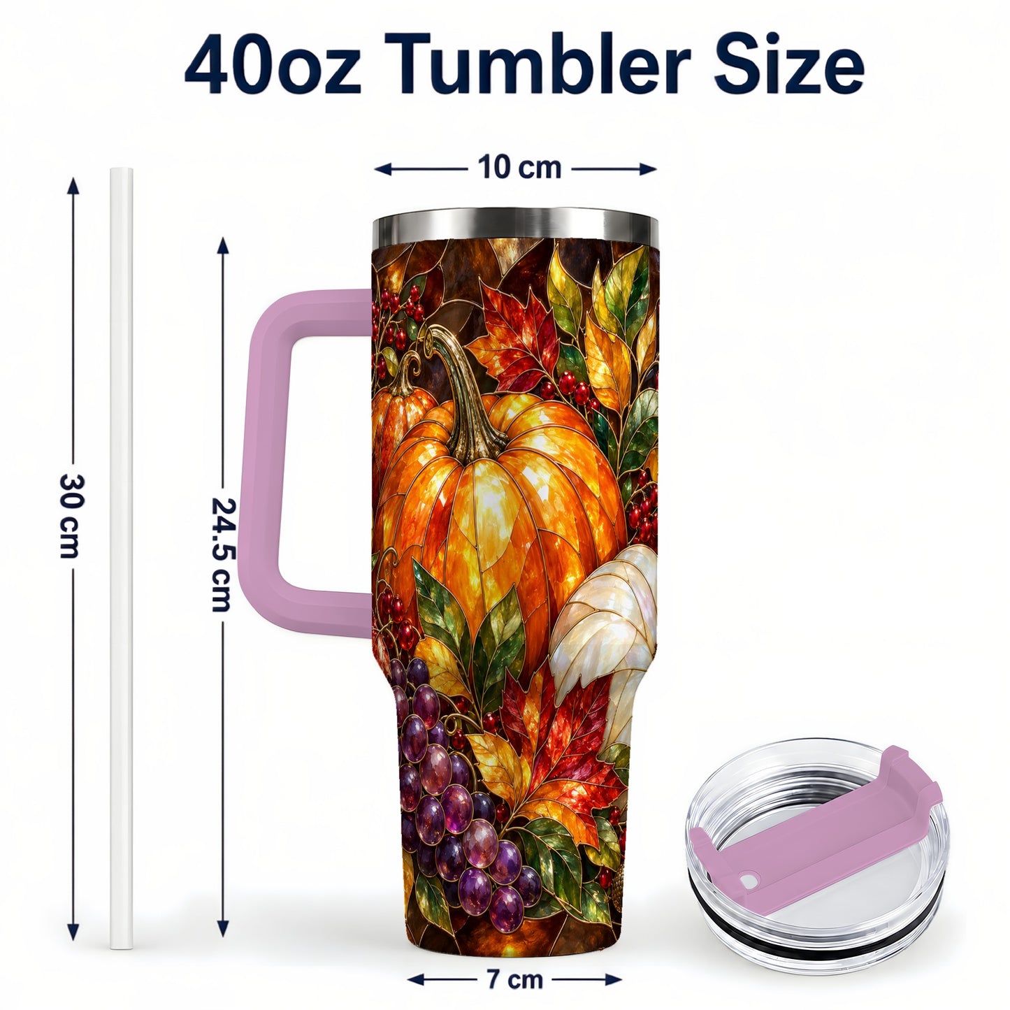 #pl[40oz|Pink] Stained Glass Pumpkin 40oz Tumbler with Handle, Stainless Steel Travel Cup