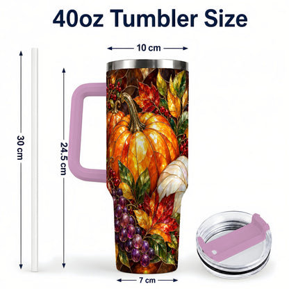 #pl[40oz|Pink] Stained Glass Pumpkin 40oz Tumbler with Handle, Stainless Steel Travel Cup