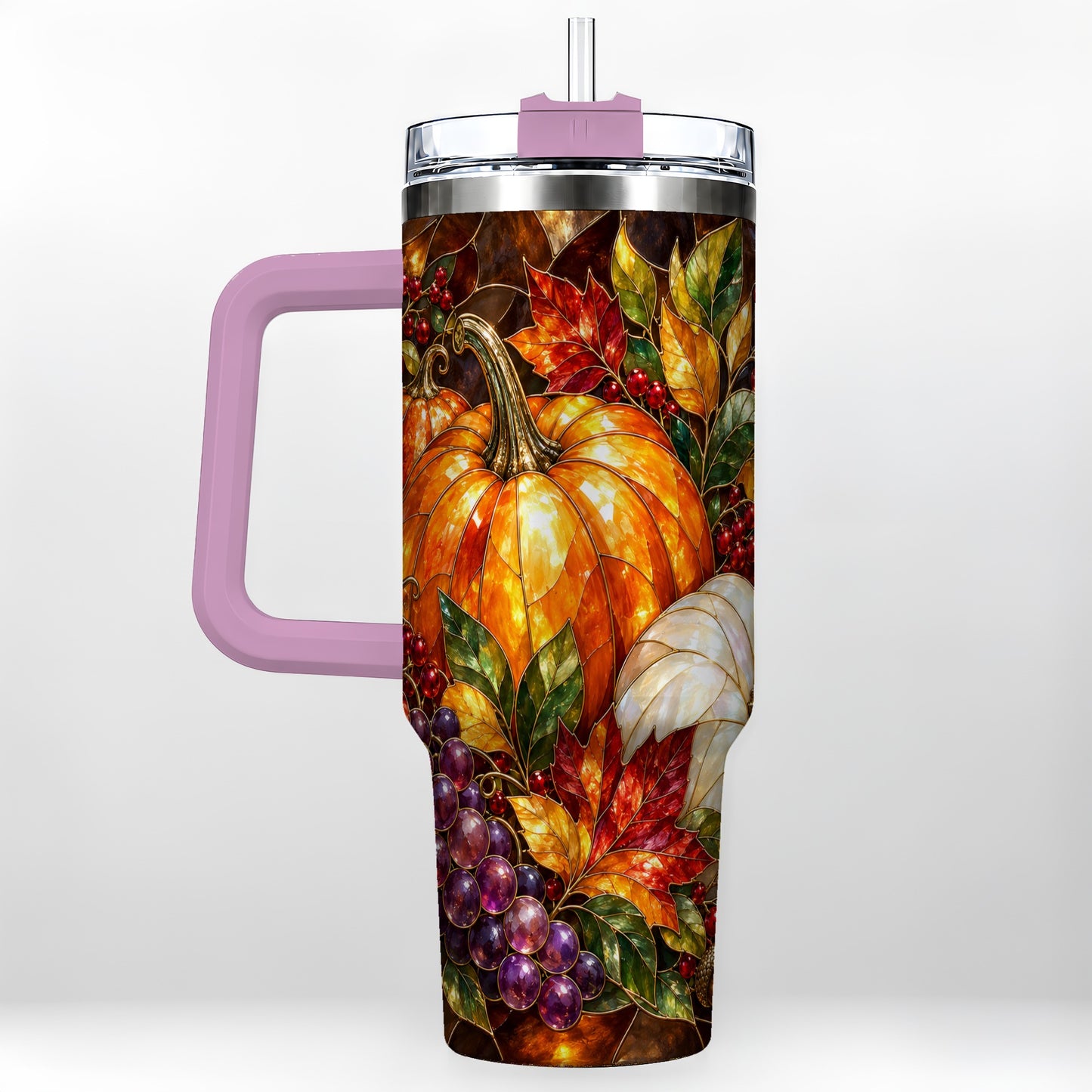 #pl[40oz|Pink] Stained Glass Pumpkin 40oz Tumbler with Handle, Stainless Steel Travel Cup