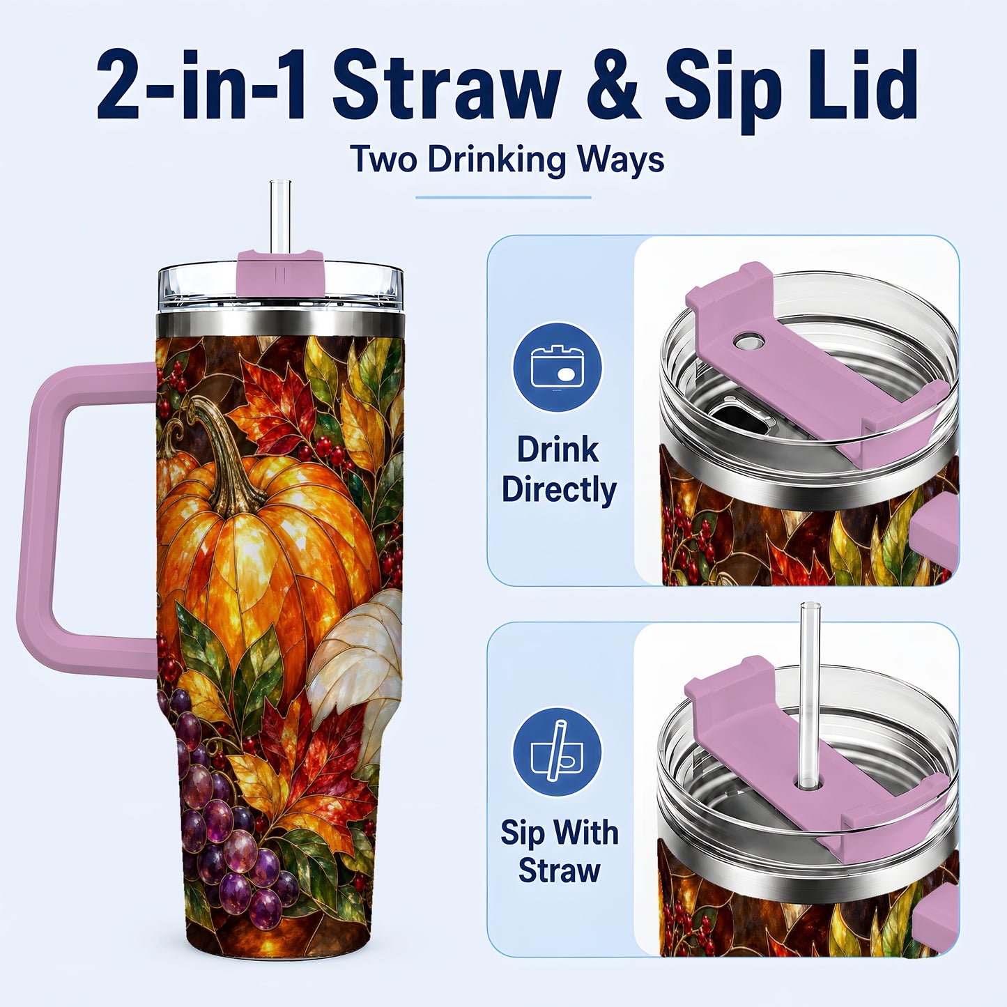 #pl[40oz|Pink] Stained Glass Pumpkin 40oz Tumbler with Handle, Stainless Steel Travel Cup