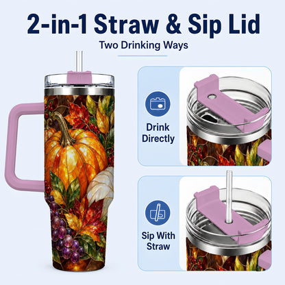 #pl[40oz|Pink] Stained Glass Pumpkin 40oz Tumbler with Handle, Stainless Steel Travel Cup