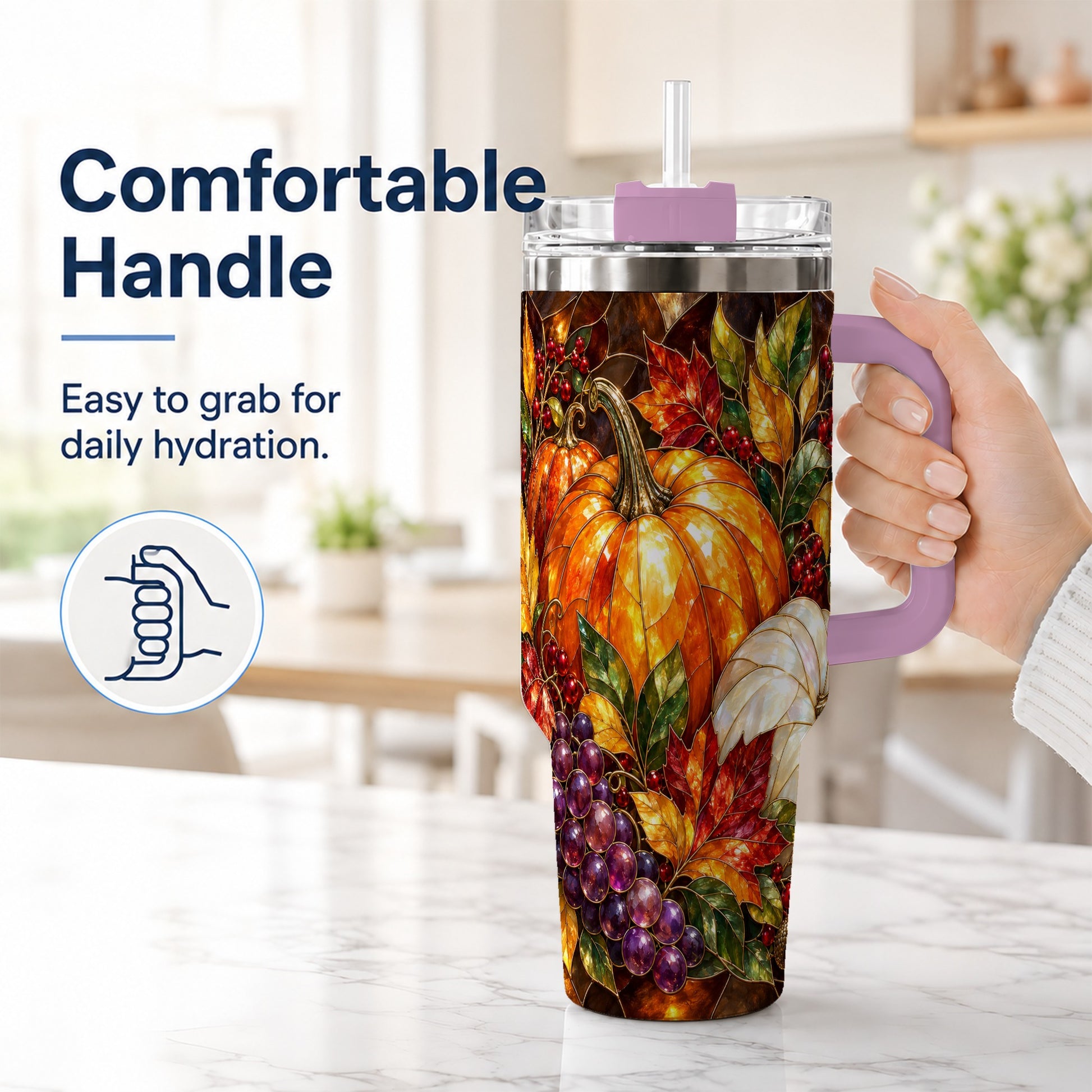 #pl[40oz|Pink] Stained Glass Pumpkin 40oz Tumbler with Handle, Stainless Steel Travel Cup