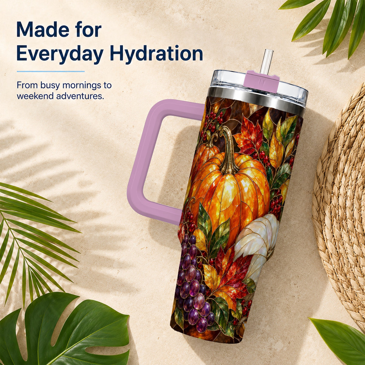 #pl[40oz|Pink] Stained Glass Pumpkin 40oz Tumbler with Handle, Stainless Steel Travel Cup