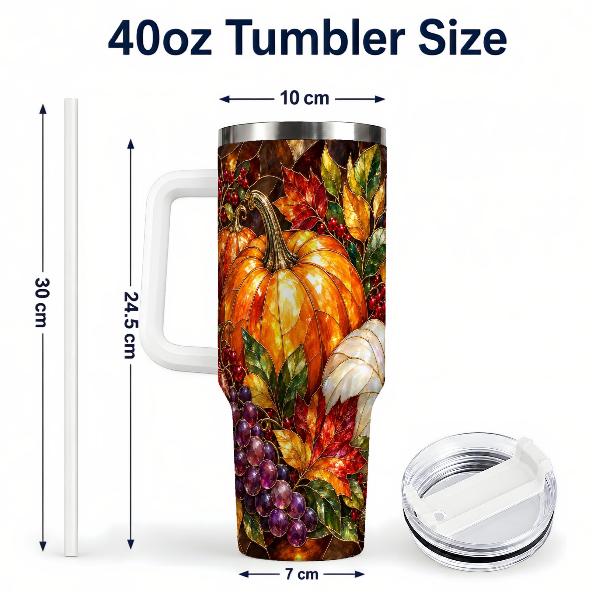 #pl[40oz|White] Stained Glass Pumpkin 40oz Tumbler with Handle, Stainless Steel Travel Cup