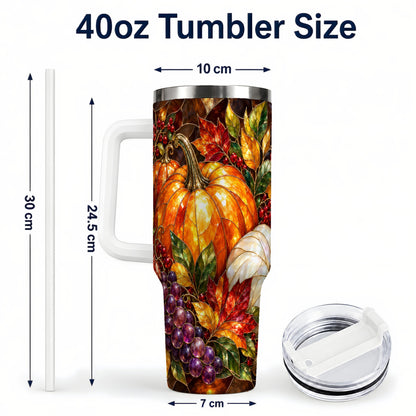 #pl[40oz|White] Stained Glass Pumpkin 40oz Tumbler with Handle, Stainless Steel Travel Cup