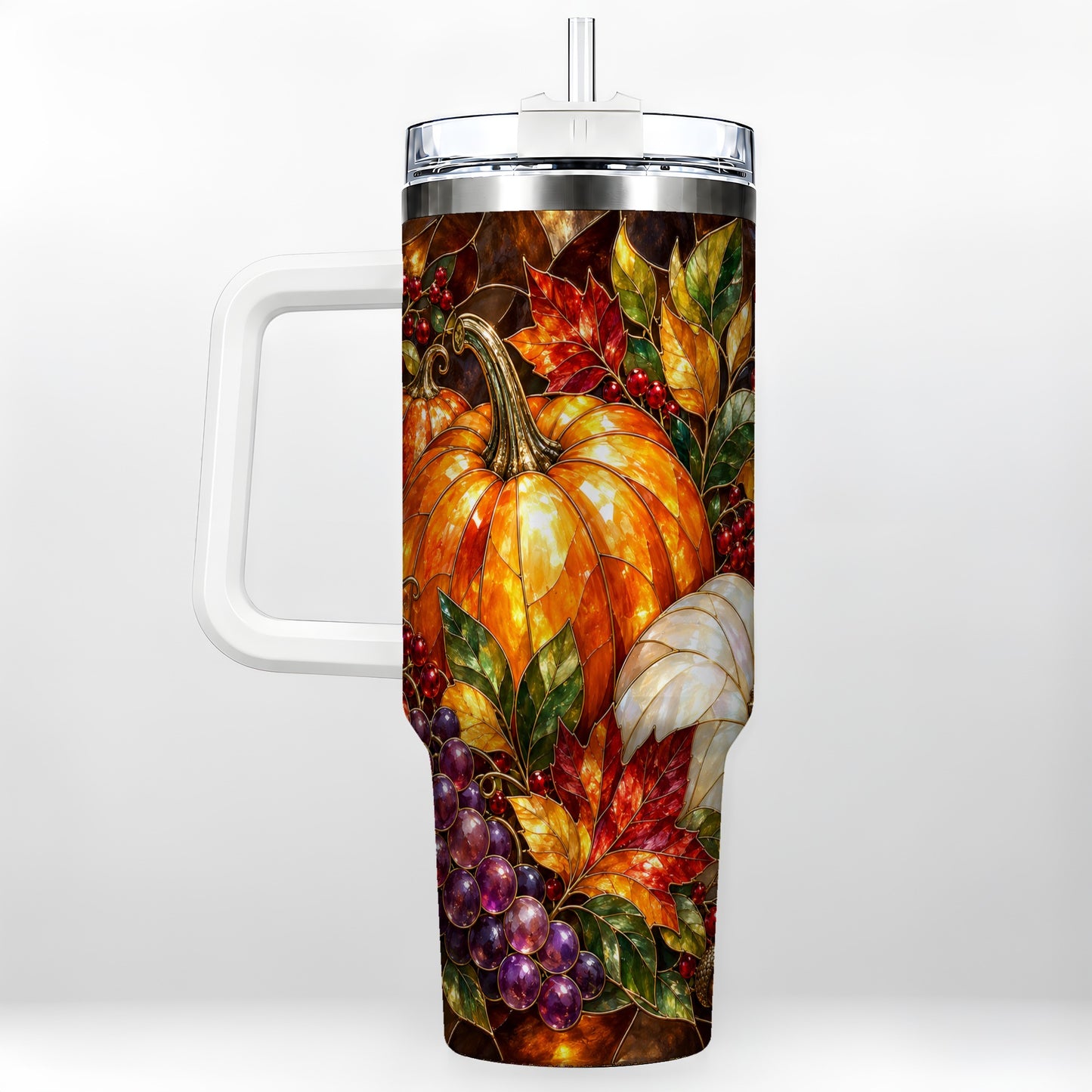 Stained Glass Pumpkin 40oz Tumbler with Handle, Stainless Steel Travel Cup