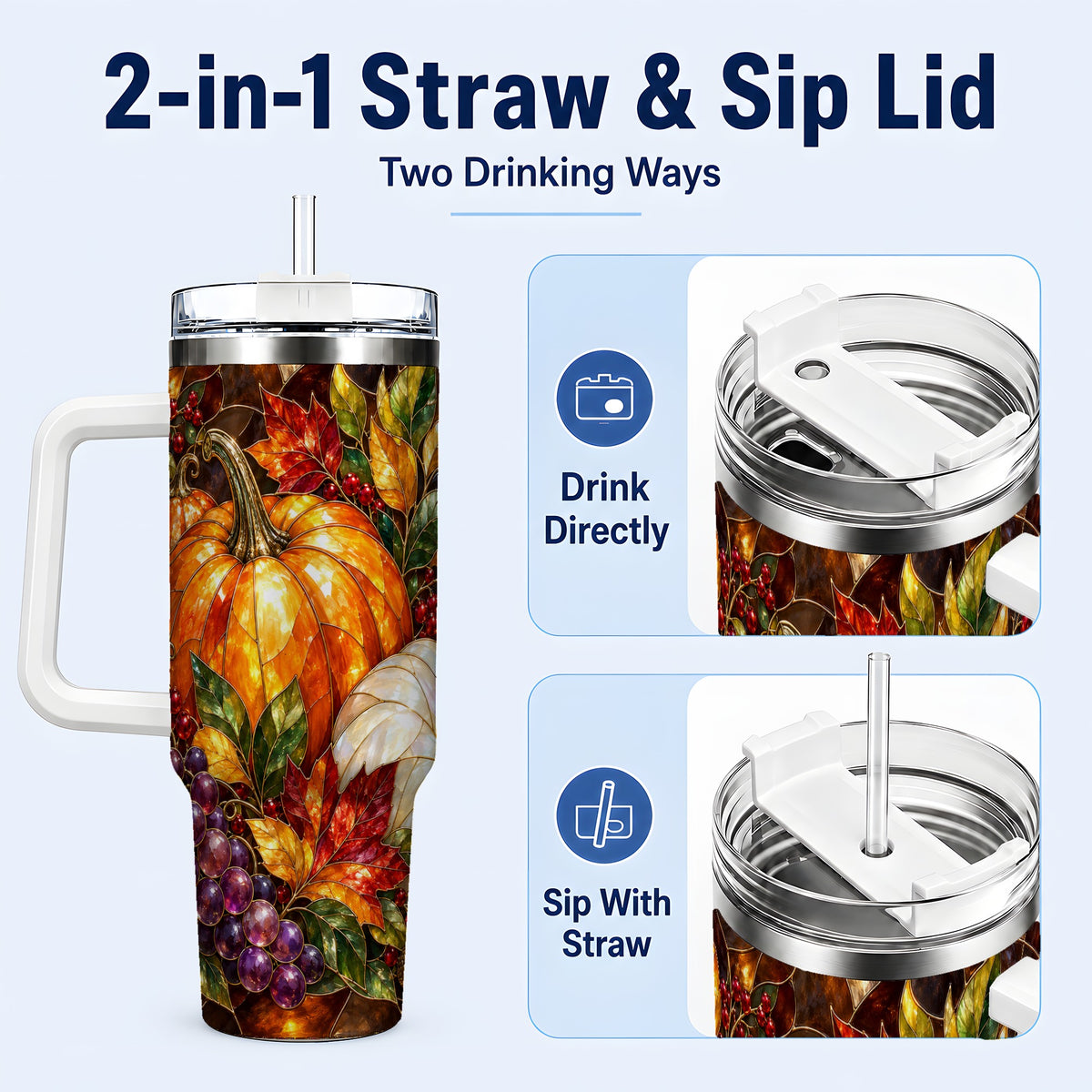 #pl[40oz|White] Stained Glass Pumpkin 40oz Tumbler with Handle, Stainless Steel Travel Cup
