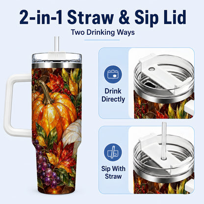 #pl[40oz|White] Stained Glass Pumpkin 40oz Tumbler with Handle, Stainless Steel Travel Cup